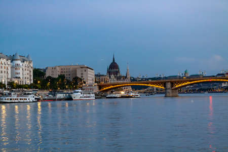 Petofi Bridge in Budapest over the Danube River at night.の写真素材