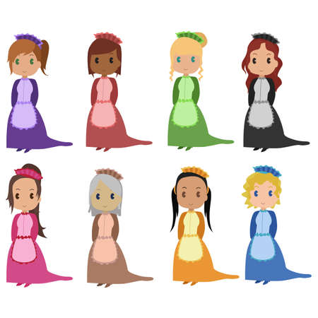 set of cute cartoon maidsのイラスト素材
