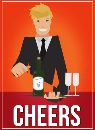 Art deco poster with handsome waiter serving wine and glassesのイラスト素材