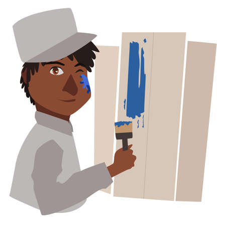 Vector afro american painter painting a fenceのイラスト素材