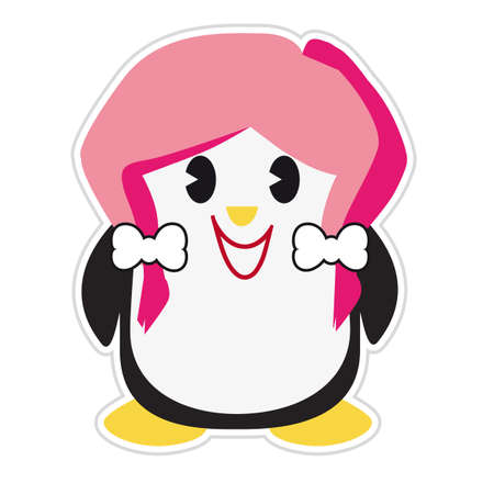 Cartoon image of a teenage penguin with pink hair and a big smile isolated on a white backgroundのイラスト素材