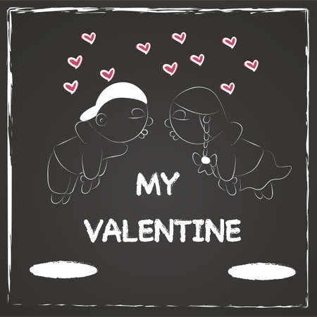 Chalkboard valentines card with two youngsters floating in the air and heart shapesのイラスト素材