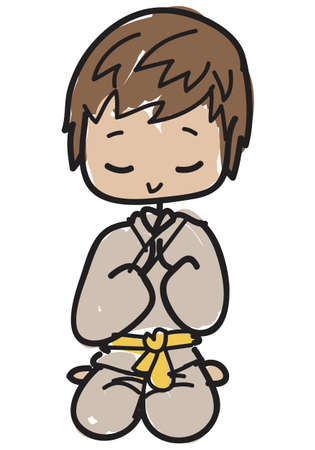 Doodle style young karateka with yellow belt kneeling to greet to start or end the lessonのイラスト素材