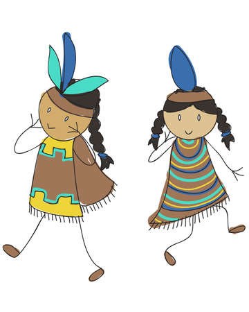 Two doodle style Native American kidsのイラスト素材