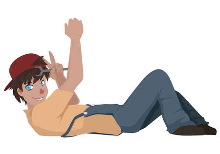 Cartoon plumber lying on his back on a white backgroundのイラスト素材