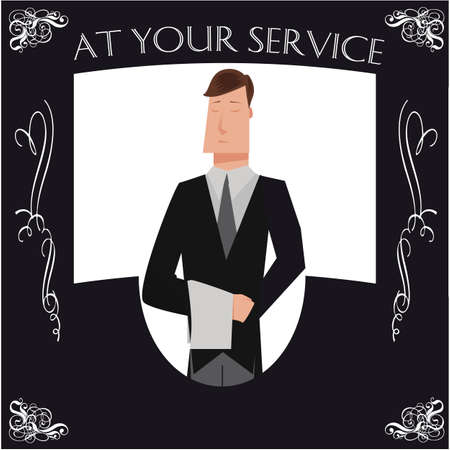 Black and white butler poster with cartoon butler and typography that says at your serviceのイラスト素材