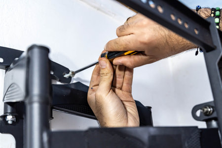 man installing TV base at homeの写真素材