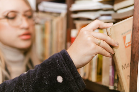 Book Day, April 23rd. Woman choosing a book in her home library. Comfort.