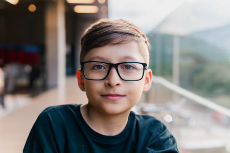 Blond-haired Latino boy with glasses, happy on a high floor of a building. Portrait, childhood, model. Landscape and children.の写真素材