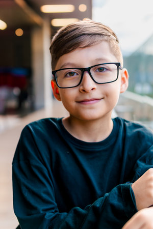 Blond-haired Latino boy with glasses, happy on a high floor of a building. Portrait, childhood, model. Landscape and children.の写真素材