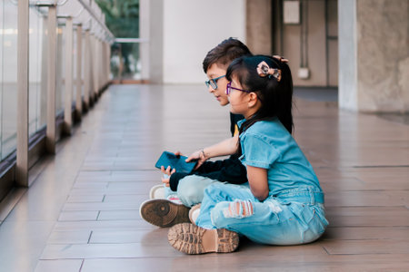 Latino children playing, running and jumping on a high floor very happily. Siblings, vacations and family. Children's day.の写真素材
