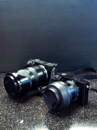 two professional mirrorless cameras, international photography dayの写真素材