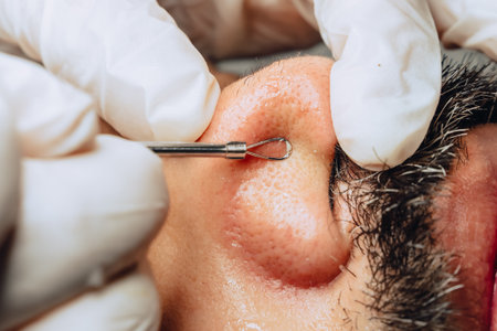 Close-up photo of dermatologist hands doing pimple and blackhead cleansing with pimple removal tool on Colombian mestizo man with beard at facial treatment clinic.の写真素材