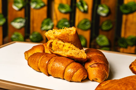 horizontal photo of open empanada with pineapple inside and artisanal whole cheese sticks, sweetened...