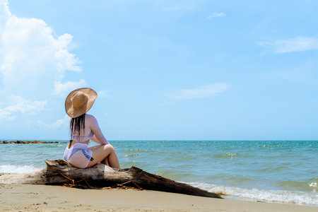 Driftwood and horizon â woman gazing at the Caribbean sea from Covenhas.の写真素材