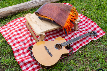 Picnic setup with woven blanket, guitar, and rustic table on checkered cloth in tropical outdoor setting.の写真素材