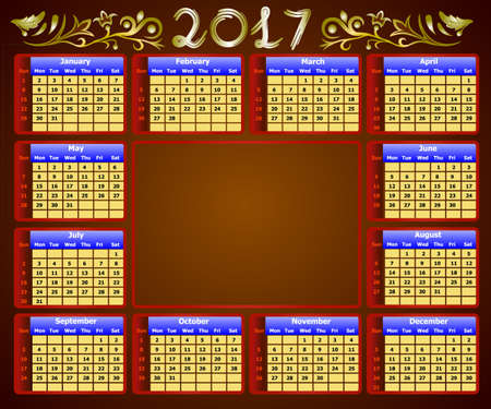 calendar 2017 - weeks start on sunday. Can be used for web and print design: card, banner, poster, label, bookmark.のイラスト素材