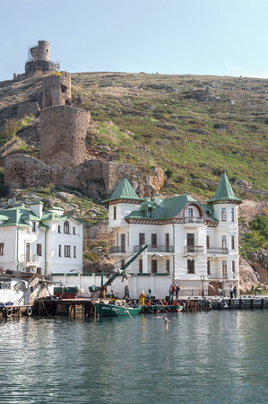 Ukraine, the Crimean Peninsula, Bay of Balaclava, mountainous terrain, pier, resort areaのeditorial素材