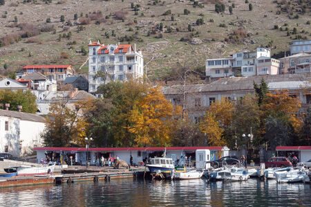 Ukraine, the Crimean Peninsula, Bay of Balaclava, mountainous terrain, pier, resort areaのeditorial素材