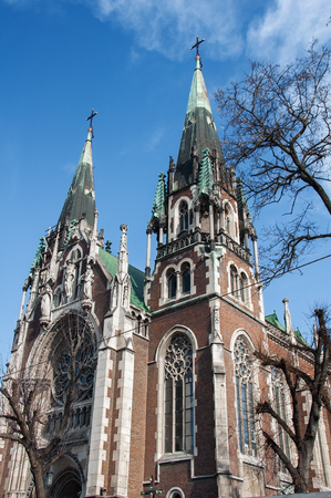 Cathedral of Saints Olga and Elizabeth in Lviv, Ukraine, parts, elements of design, close up the main architectural elementsの写真素材