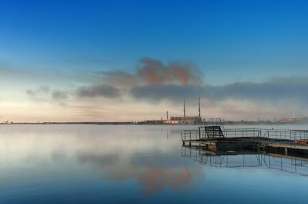 Dawn on the lake, reservoir, in the resort area village Kurakhovo, Donetsk region, Ukraineの写真素材