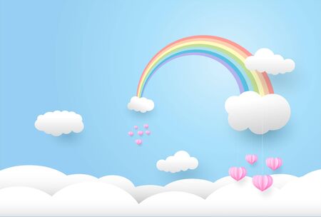 paper art style, rainbow and  pink heart in the sky,Vector illustration.のイラスト素材