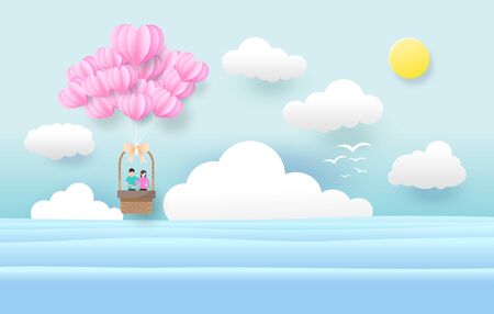 balloons and heart in the sky, beach, paper art styleのイラスト素材