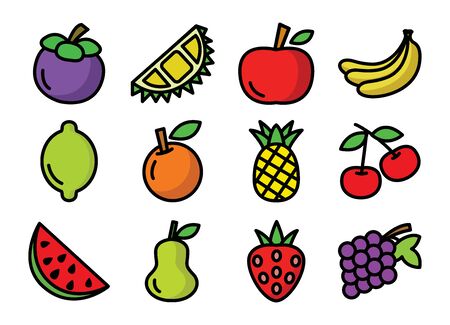 Fruit icon set, Mango, Durian, Grape, Tongmo, Lemon, Pineapple, Cherry, Orange, Strawberry, Tropical Fruit , vector design.のイラスト素材