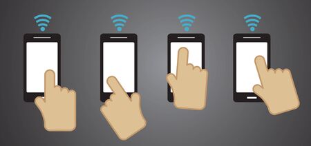 Hand holding black smartphone, touching blank white screen, free wifiのイラスト素材