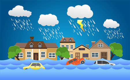 Flood disaster, flooding water in city street, vector designのイラスト素材