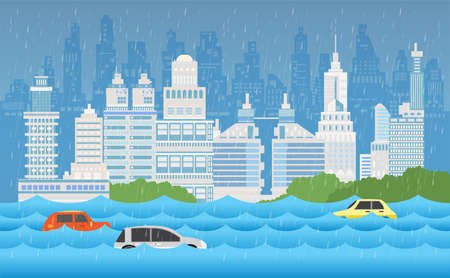 Flood disaster, flooding water in city street and cars in water, vector designのイラスト素材