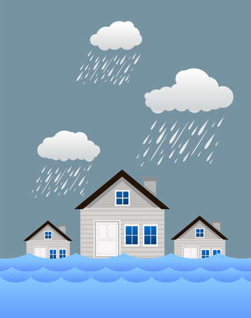 Flood natural disaster with house, heavy rain and storm , damage with home, flooding water in cityのイラスト素材