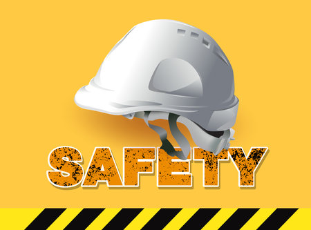 safety first, Engineer helmet on yellow background, safety equipment, construction concept, vector designのイラスト素材