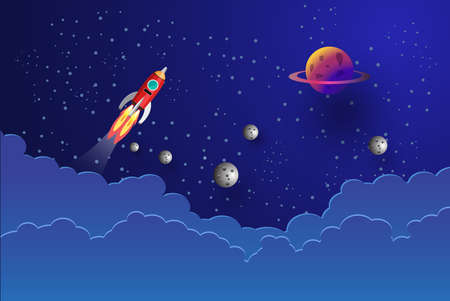 rocket flying In the galaxy , paper art, vector designのイラスト素材