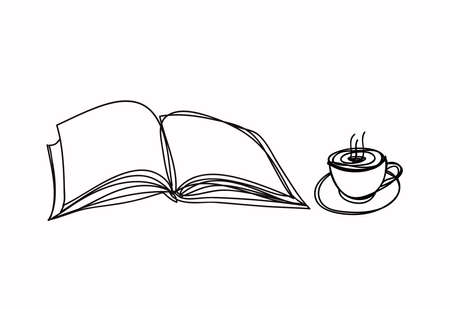 Book and coffee cup , line drawing style, vector designのイラスト素材