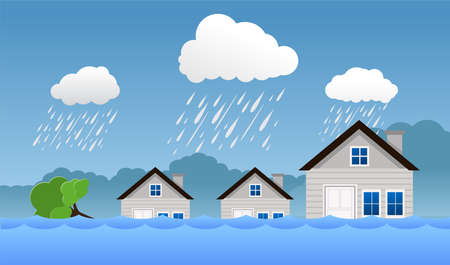 Flood natural disaster with house, heavy rain and storm , damage with home, clouds and rain, flooding water in city, Flooded house.のイラスト素材