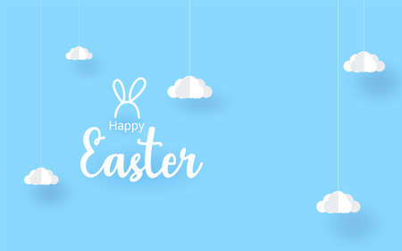 Happy Easter hand lettering, clouds in the sky , paper art style, greeting card text template.のイラスト素材