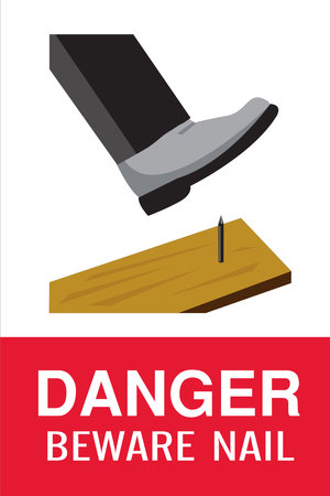 DANGER BEWARE NAIL, vector icon ,boots steps on a nail, An accident about to happenのイラスト素材