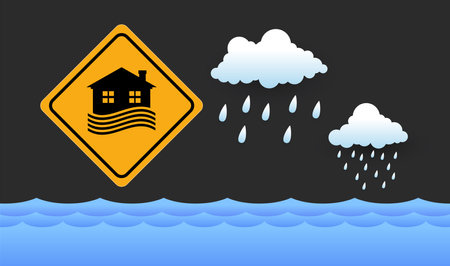 Flood area sign, natural disaster with house, heavy rain and storm , damage with home, clouds and rain, flooding water in city, Flooded house.のイラスト素材