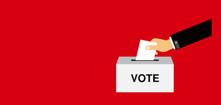 hand putting voting paper in the ballot box , election , voting ballot in a slot of boxのイラスト素材