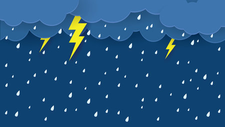 Heavy rain in dark sky, rainy season, clouds and storm, weather nature background, Flood natural disaster, vector illustration.のイラスト素材