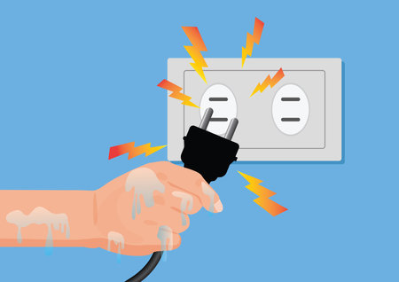Wet hands plugging in the power, Dangerous from water danger to life and property , safety first
のイラスト素材