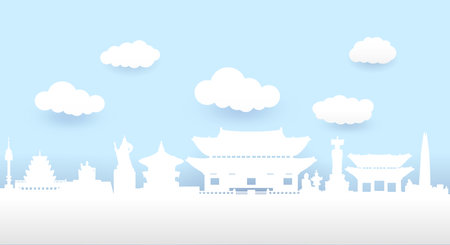 South Korea landmark silhouettes, Paper cut, vector and illustration.のイラスト素材