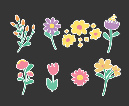 Cute Flower Sticker, spring flowers and leaves, Vector designのイラスト素材