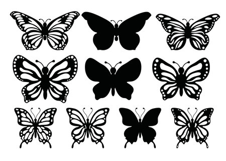 butterfly silhouettes, Collection of black butterflies, Vector illustrationのイラスト素材
