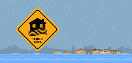 Flood area sign, natural disaster with house, heavy rain and stormのイラスト素材