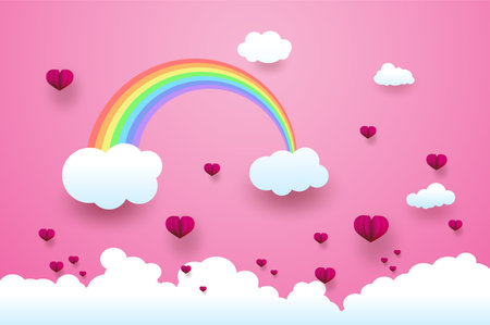 Cute Rainbow with Hearts and Clouds ,  Valentine's day , paper art style, Vector illustration.のイラスト素材