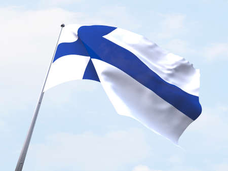 Finland flag flying on clear sky.の写真素材