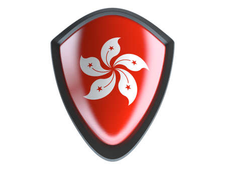 Hongkong flag on metal shield isolate on white background.の写真素材