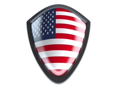 USA flag on metal shield isolate on white background.の写真素材